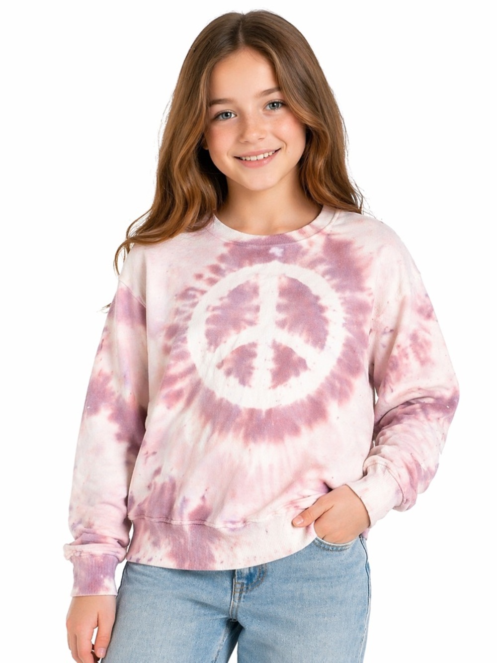 Sunset Mesa Girls Tie Dye Peace Sign Sweatshirt Pink White Size L